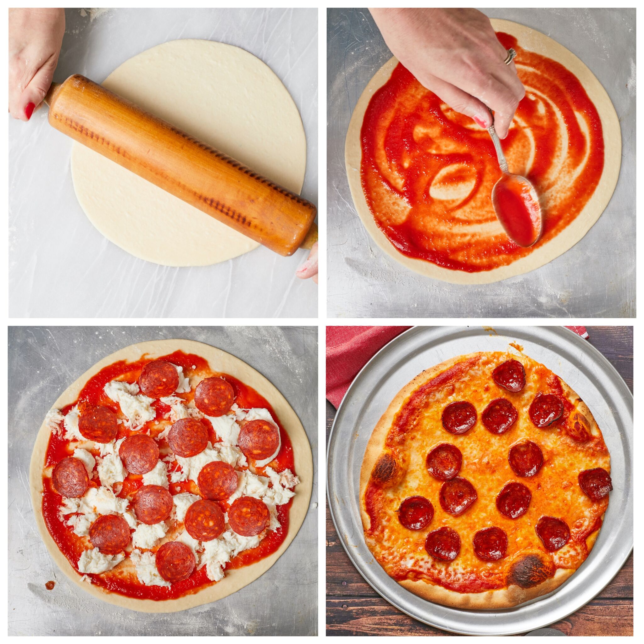 Instructions on shaping and assembling the Easiest pizza. Roll one dough ball out on a lightly-floured surface, then spread on red pizza sauce, followed by fresh mozzarella and pepperonis. Bake until the crust is crispy and cheese is toasty on the edges.