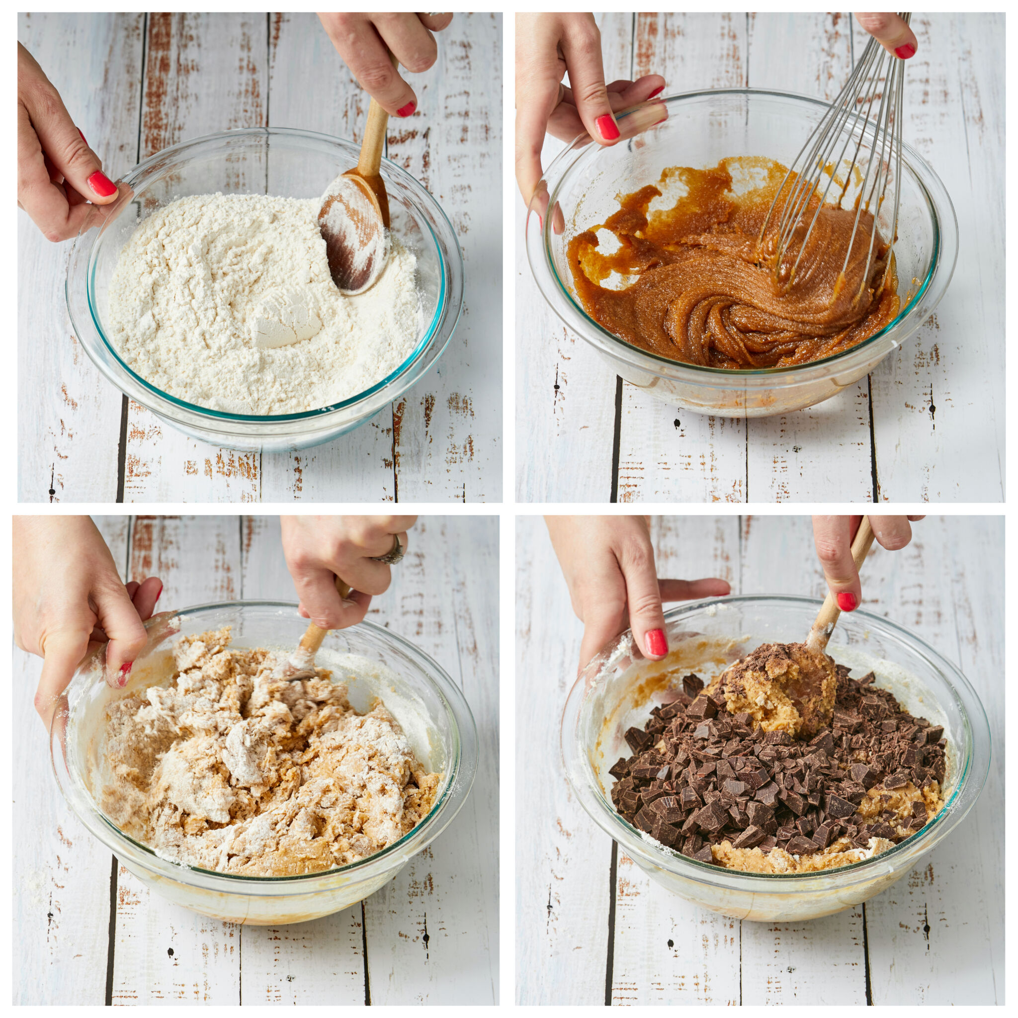 Step-by-step instructions on how to make the perfect cookie dough. Mix dry ingredients first, then whip up wet ingredients separately before combining the two mixtures together. At last, fold in chopped bittersweet chocolate bars. 