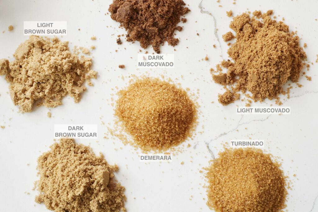 Different Types of Brown Sugars include Light Brown Sugar, Dark Brown Sugar, Dark Muscovado, Light Muscovado, Demerara, and Turbinado.