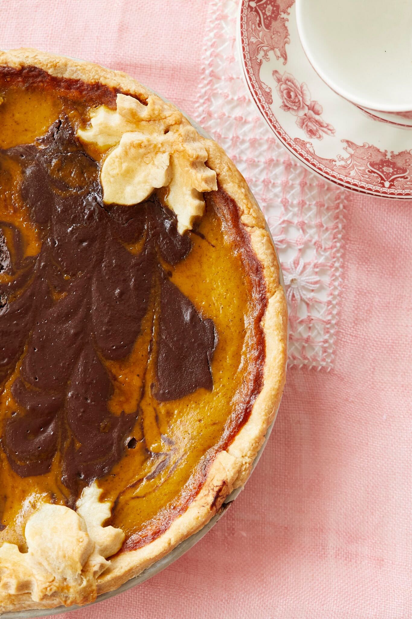 The Chocolate Swirl Pumpkin Pie has golden crust and beautifully marbled filling of chocolate and pumpkin. 