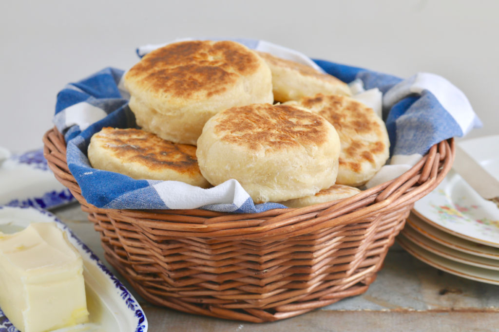 A basket of English Muffins made without an oven.