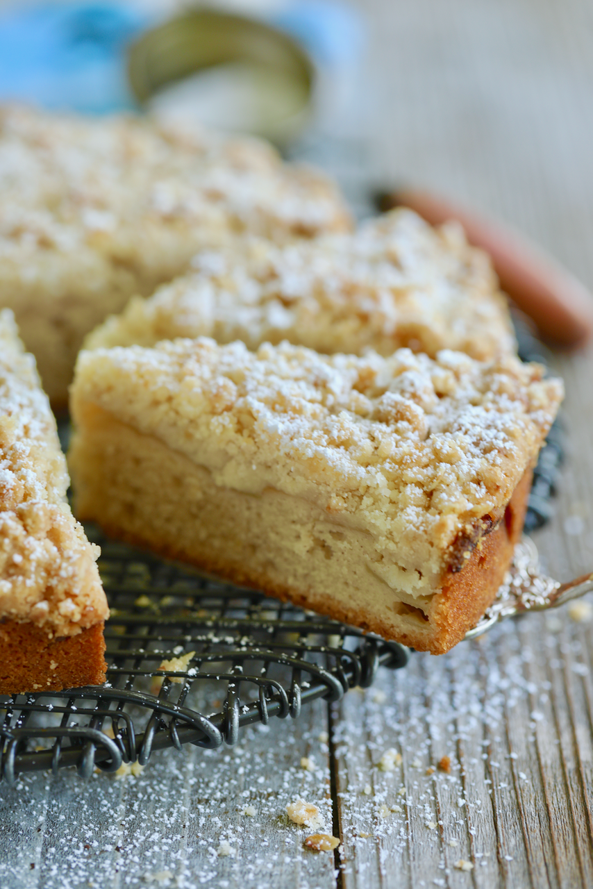 Slices of Irish Apple Cake showing the streusel topping and texture.